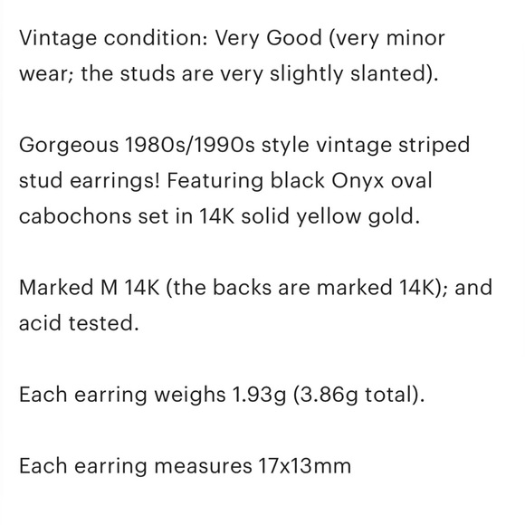 Vintage 14K Onyx Earrings, 1980s Style, Striped Gold Black, Oval Luxury Studs - Picture 9 of 14